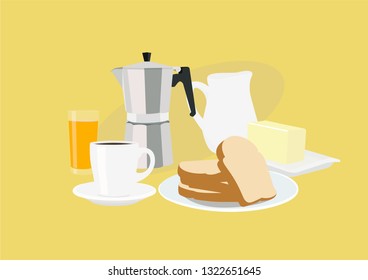 Breakfast with Toasts, Coffee Mug, Italian Coffee Machine, Butter with Plate, Orange Juice Glass and Milk Jar. Vector Illustration Isolated.