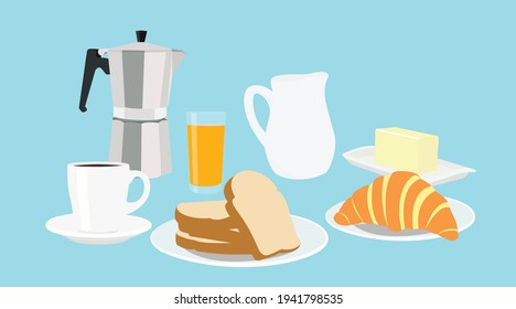 Breakfast with Toasts, Coffee Mug, Italian Coffee Machine, Butter with Plate, Orange Juice Glass, Croissant and Milk Jar. Vector Illustration Isolated.