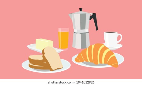 Breakfast with Toasts, Coffee Mug, Italian Coffee Machine, Butter with Plate, Orange Juice Glass, Croissant. Vector Illustration Isolated.