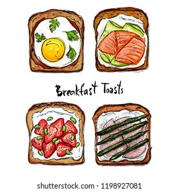 Breakfast toasts with different ingredients.