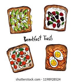 Breakfast toasts with different ingredients. Illustration for the menu.