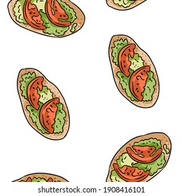 Breakfast toasts doodles seamless border pattern. Cute cartoon tasty tapas with tomatoes and pesto repeatable background tile. Cozy template of stock illustration for wrapping design, wallpaper