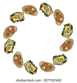 Breakfast toasts doodles wreath. Cute cartoon tasty tapas with avocado, tomatoes and pesto in comic style