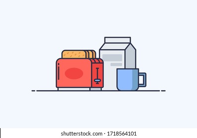 Breakfast with toasts, milk and cup of coffee in flat line style. Design concept of vector illustration isolated on light background for website and mobile apps.