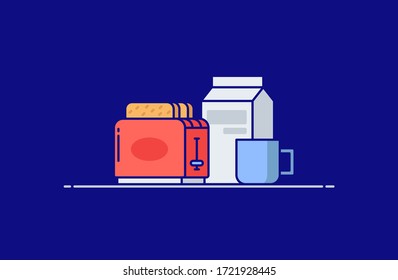 Breakfast with toasts, milk and cup of coffee in flat line style. Design concept of vector illustration isolated on color background for website and mobile apps.