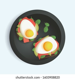 Breakfast toasts with red fish and fried eggs. Morning meals. Isolated vector top view illustration.