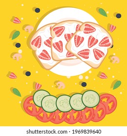 Tostadas de desayuno con fresas y verduras