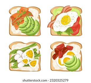 Breakfast toasts top view set. Fried bread with vegetables, meat and egg, salad. Healthy eating and proper nutrition. Morning menu. Cartoon flat vector collection isolated on white background