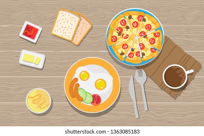 Breakfast top view. Appetizing delicious breakfast of coffee, fried egg with sausage,pizza and slices of toasted bread. Vector illustration flat design. 