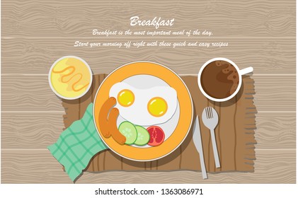 Breakfast top view. Appetizing delicious breakfast of coffee, fried egg with sausage,soup and slices of toasted bread. Vector illustration flat design. 
