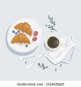 Breakfast top view. Cup of coffee, croissants with fresh berries. Healthy food. Restarant menu design. Scandinavian style