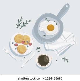 Breakfast top view  Cup coffee  crepes    fried eggs in pan  Healthy food  Restarant menu design  Scandinavian style
