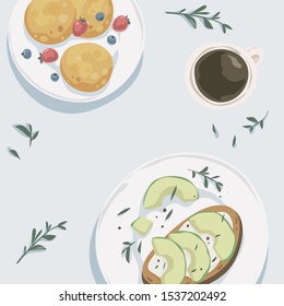 Breakfast top view. Cup of coffee, pancakes with fresh berries, toast with avocado slice. Healthy food. Restarant menu design. Scandinavian style