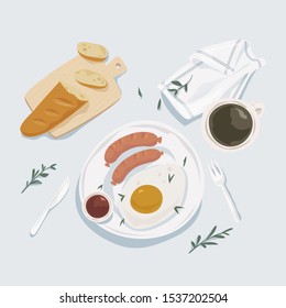 Breakfast top view. Cup of coffee, fried eggs and sausages, chopped loaf. Healthy food. Restarant menu design. Scandinavian style