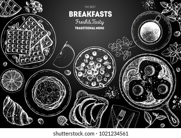 Breakfast top view frame. Food menu, design. Breakfast dishes collection. Vintage hand drawn sketch, vector illustration. Engraved style. 