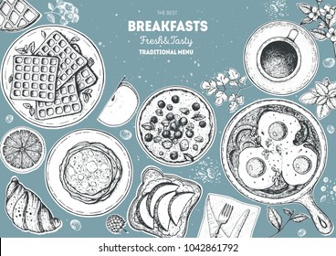 Breakfast top view frame. Morning food menu design. Breakfast dishes collection. Vintage hand drawn vector illustration. 