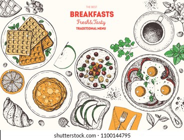 Breakfast top view frame. Morning food menu design. Breakfast dishes collection. Vintage hand drawn sketch, vector illustration. Engraved style.