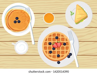 Breakfast top view frame. Morning food menu design. Breakfast dishes collection.
