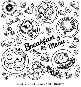 Breakfast top view frame. Morning food for menu design. Dishes collection. Hand drawn illustration. Traditional breakfast set. English breakfast. Set of doodle breakfast food.