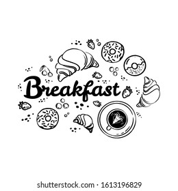 Breakfast top view frame. Morning food for menu design. Dishes collection. Hand drawn illustration. Traditional breakfast set. English breakfast. Set of doodle breakfast food.