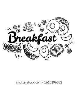 Breakfast top view frame. Morning food for menu design. Dishes collection. Hand drawn illustration. Traditional breakfast set. English breakfast. Set of doodle breakfast food.