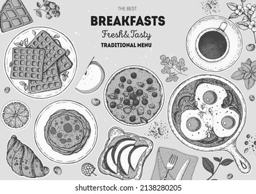 Breakfast top view frame. Morning food menu design. Breakfast dishes collection. Vintage hand drawn sketch, vector illustration. Engraved style.