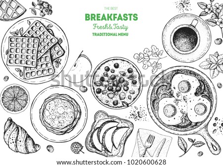 Breakfast top view frame. Morning food menu design. Breakfast dishes collection. Vintage hand drawn sketch, vector illustration. Engraved style. 