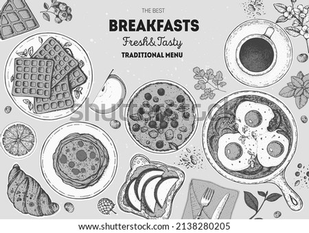 Breakfast top view frame. Morning food menu design. Breakfast dishes collection. Vintage hand drawn sketch, vector illustration. Engraved style.