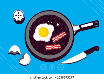 Breakfast top view. Frying pan with egg and bacon on a cooking stove. Vector illustration