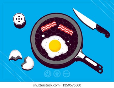 Breakfast top view. Frying pan with egg and bacon on a cooking stove. Vector illustration