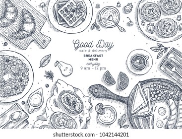 Breakfast top view illustration. Various food background. Engraved style illustration. Hero image. Vector illustration