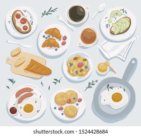 Breakfast top view set. Tea, cofee, lemon slices, avocado toast , tomatoes sandwich, porridge, granola, berries, fried eggs, sausages, chopped loaf. Healthy food. Restarant menu. Scandinavian style