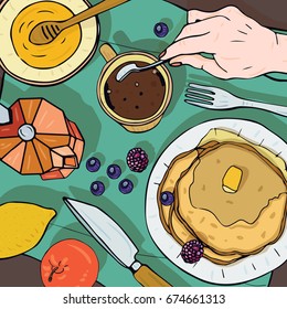 Breakfast top view. Square illustration with luncheon. Healthy, fresh brunch: coffee, pancakes and fruits. Colorful hand drawn vector illustration.