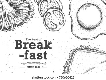 Breakfast with top view use by pen ink drawing technique for food advertising.Vector and illustration.