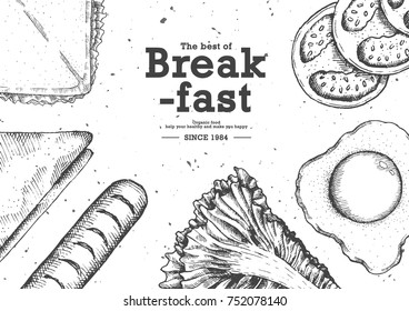 Breakfast with top view use by pen ink drawing technique for food advertising.Vector and illustration.