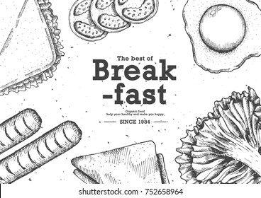 Desayuno con el uso de la vista superior por la técnica del dibujo de la tinta de la pluma para la publicidad de la comida. Vector e ilustración.