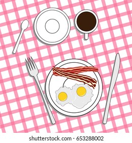 Breakfast top view vector illustration in flat style with scrambled eggs, bacon, coffee. Lunch, scrambled eggs on a plate, a cup of coffee. Flat design, vector illustration.