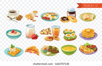 Breakfast transparent set of pastries drinks and dishes made with fresh produce vector illustration