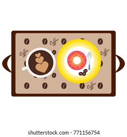 Breakfast, tray with coffee and a donut