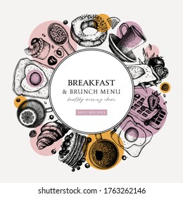 Breakfast trendy wreath design. Morning food and drinks frame with abstract and geometric elements. Breakfast and brunch sketches. Perfect for recipe, menu, packaging. Vintage food modern background. 