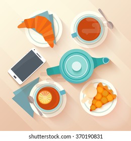 Breakfast for two with a cup of tea, apricot pie and croissant. Concept for menu cafes and bars. Flat lay design with long shadows. Vector illustration.