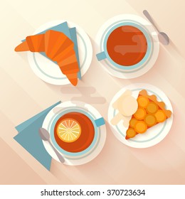 Breakfast for two with a cup of tea, apricot pie and croissant. Concept for menu cafes and bars. Flat lay design with long shadows. Vector illustration.