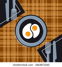 Breakfast of two eggs on a served table with a checkered tablecloth and napkins. Contrast flat illustration for banner, menu.
