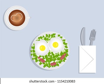 Breakfast: two fried eggs with sausages on white plate. Cup with coffee on saucer with heart. Napkin with fork and knife on the blue background. Vector illustration