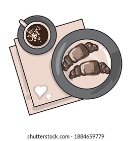 Breakfast for two hand-drawn in the form of elements on a white background. The drawing is made from a top view.