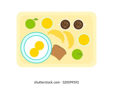 Breakfast for two on tray. Fried eggs on plate, glasses with orange juice, caps with coffee, apples, croissants and slices of bread on tray. Flat style illustration. Top view. Flat lay