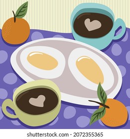 Breakfast for two. Vector concept of early morning. Two cups of coffee, oranges and fried eggs.