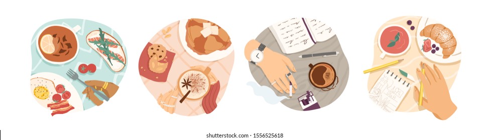 Breakfast types vector illustrations set. Morning meal, coffee and tea, omelette and croissant top view. Lunch break, meal time. Healthy homemade luncheons isolated on white background.