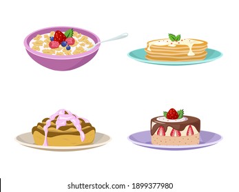 Breakfast types vector illustrations set. Cartoon flat collection with healthy sandwich or salad, tasty meal bacon egg.
