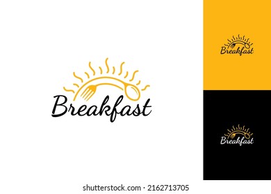 Logo de la tipografía del desayuno con cuchara, tenedor y forma de amanecer. Icono de restaurante con menú de desayuno, comida rápida y productos de comida procesada. Concepto de arte de línea simple en negro y amarillo